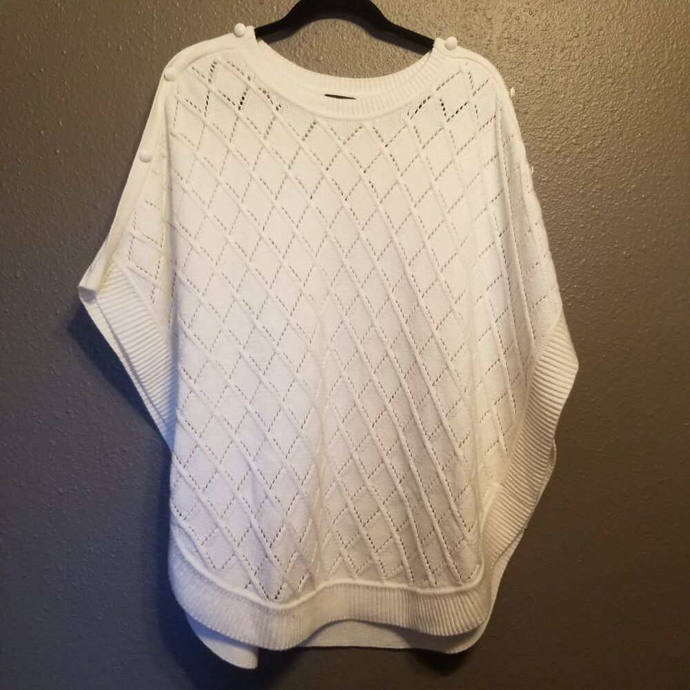 Talbots Medium Poncho Sweater White Pointelle Knit Shoulder Buttons Soft Classic